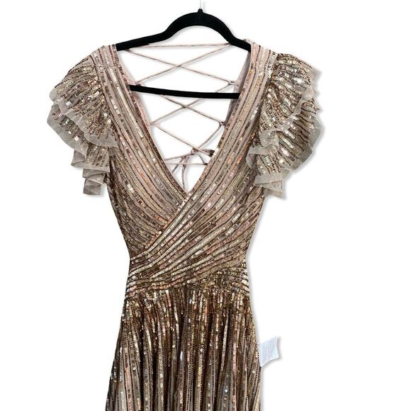 MAC DUGGAL Beige Sequined Cut Out Ruffled Cap Sleeve Lace Up Gown 5568 NWT 10 - Picture 7 of 13